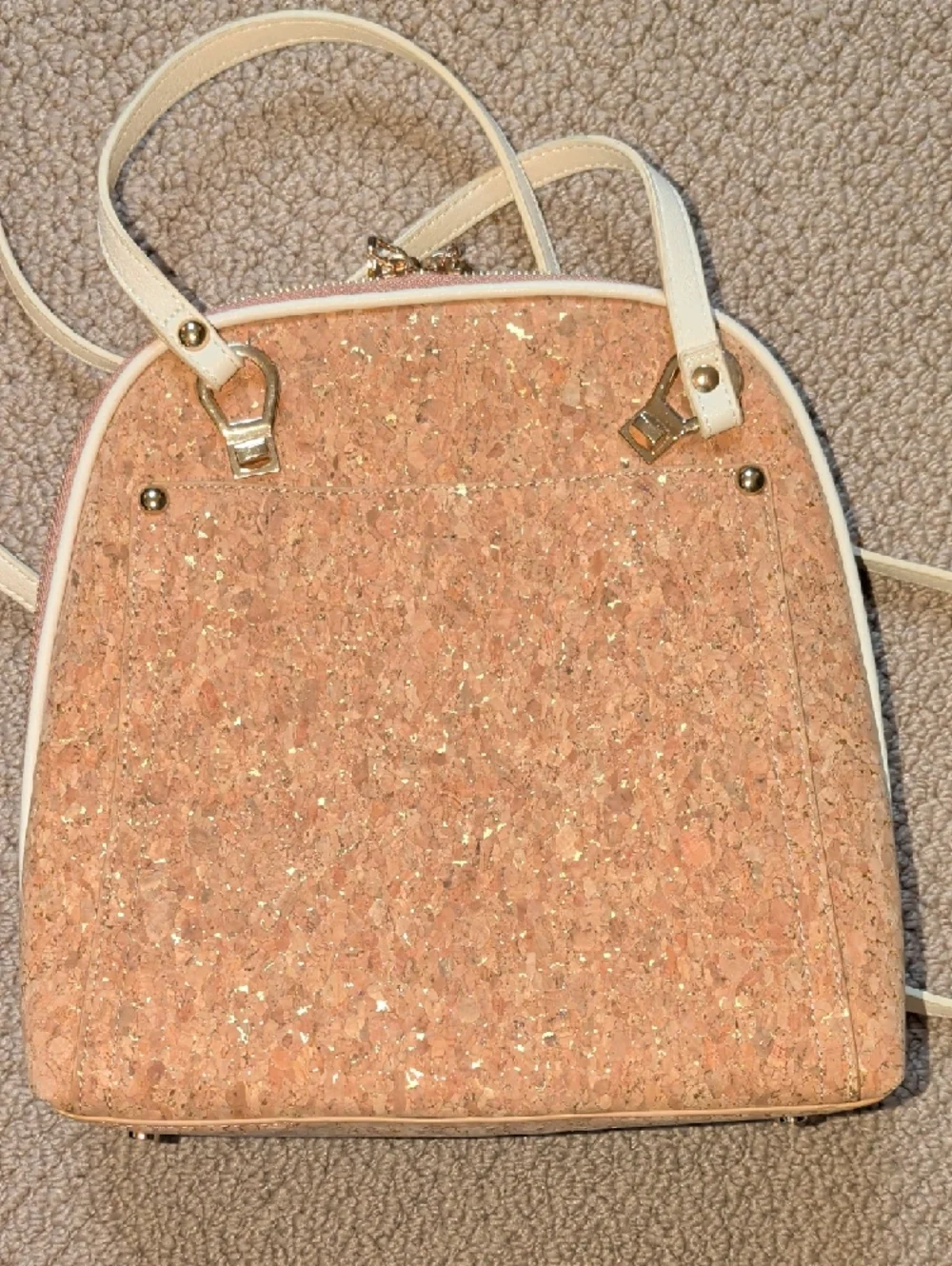 Beige Cork With Gold Flecks Mini Backpack with Cream Trim